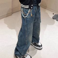 Hearujoy Distressed Logging Turquoise Jeans for Men and Women Streetwear Washed Baggy Denim Trousers Ripped Hole Loose Cargo Pants