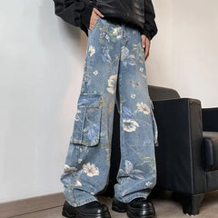 Hearujoy Korean Style Denim Cargo Pants Mens Fashion Floral Printed Jeans 2024 Autumn Loose Casual Trousers Hip Hop Wide-leg Jean Pants