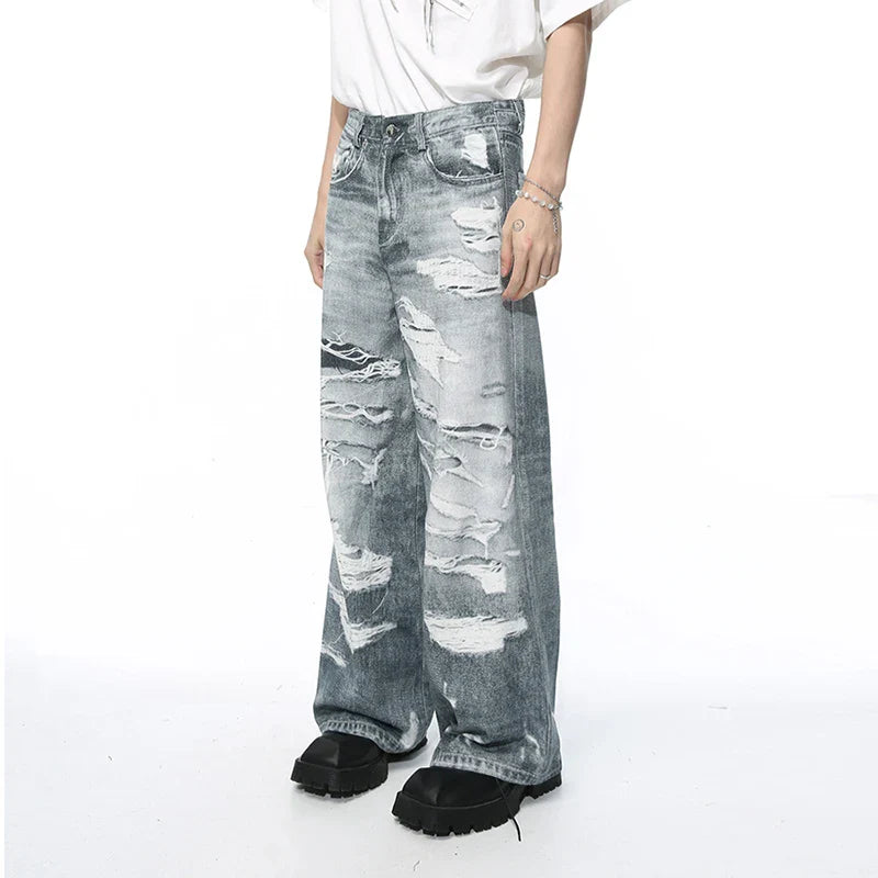 Hearujoy Men's Denim Pants 2024 Summer Fashion Casual Pocket Zipper Male Straight Leg Trousers Retro Style Loose Hole 9C5394