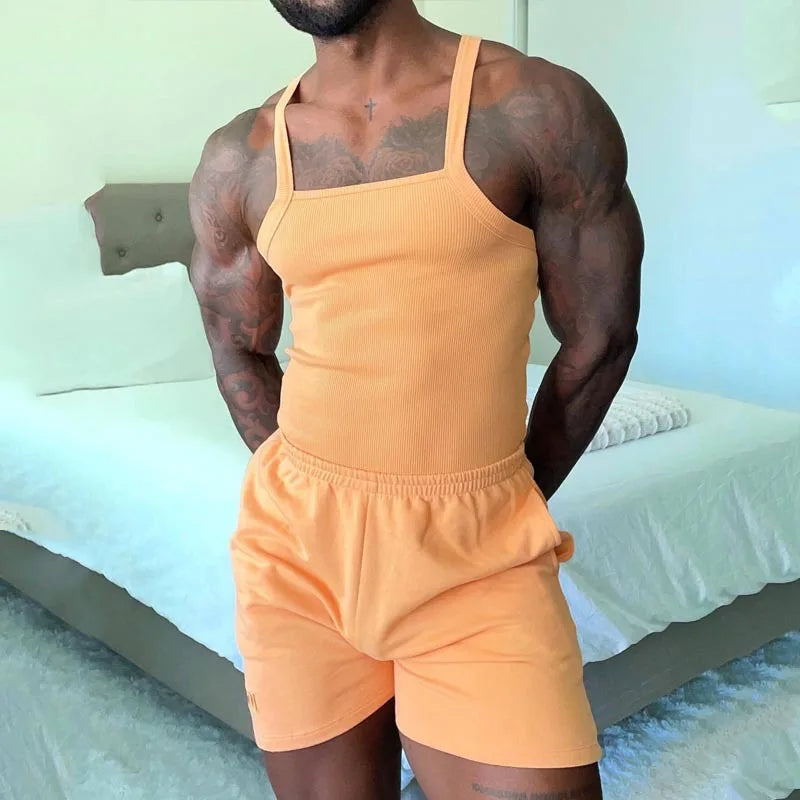 HEARUJOY  -  Summer Two Piece Fashion Men Set Knitted Sleeveless Vest with Elastic Waist Shorts Suit Casual Home Tank Top Wear Sports Outfits
