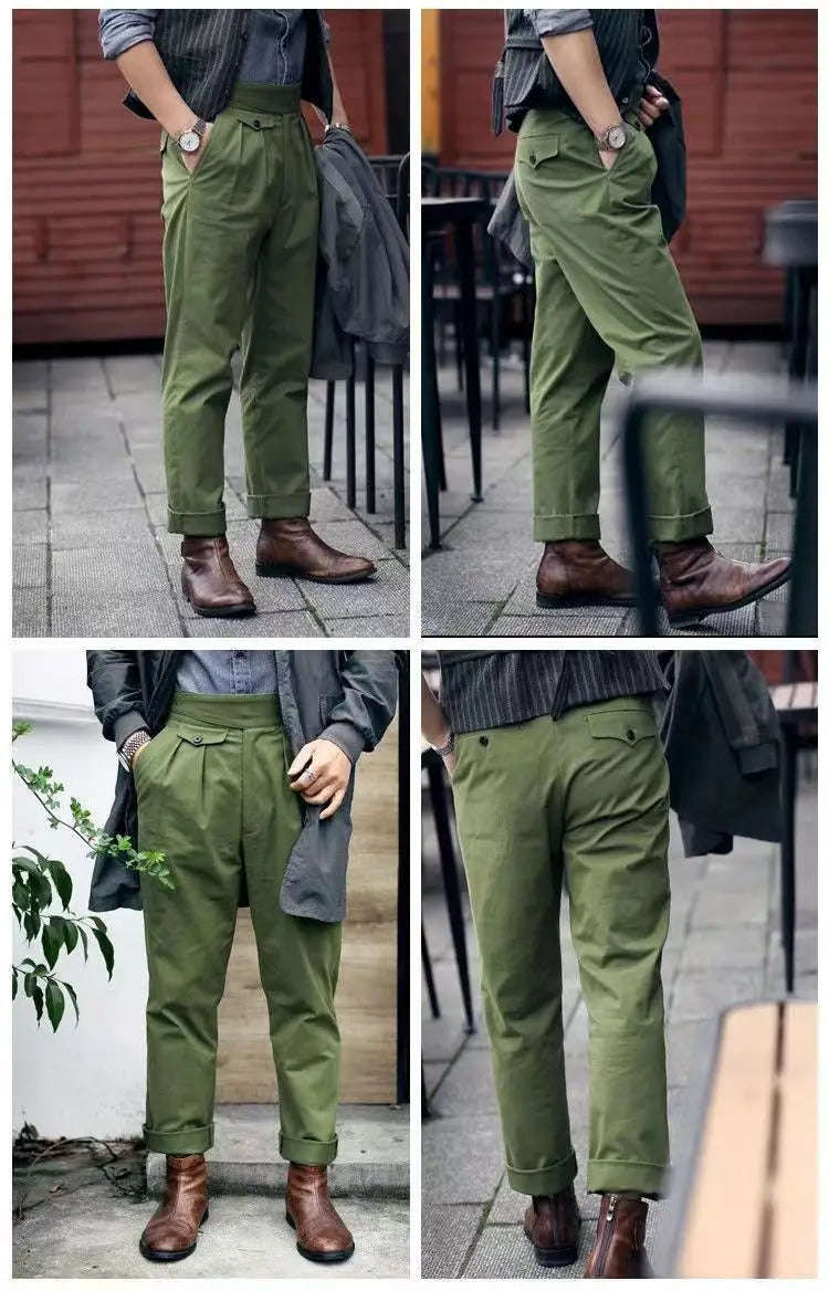 HEARUJOY  -  Vintage Green Gurkha Pants For Men Adjustable Waist Buckle Cotton Naples Trousers Fashion Casual Loose Ankle-Length Cargo Pants