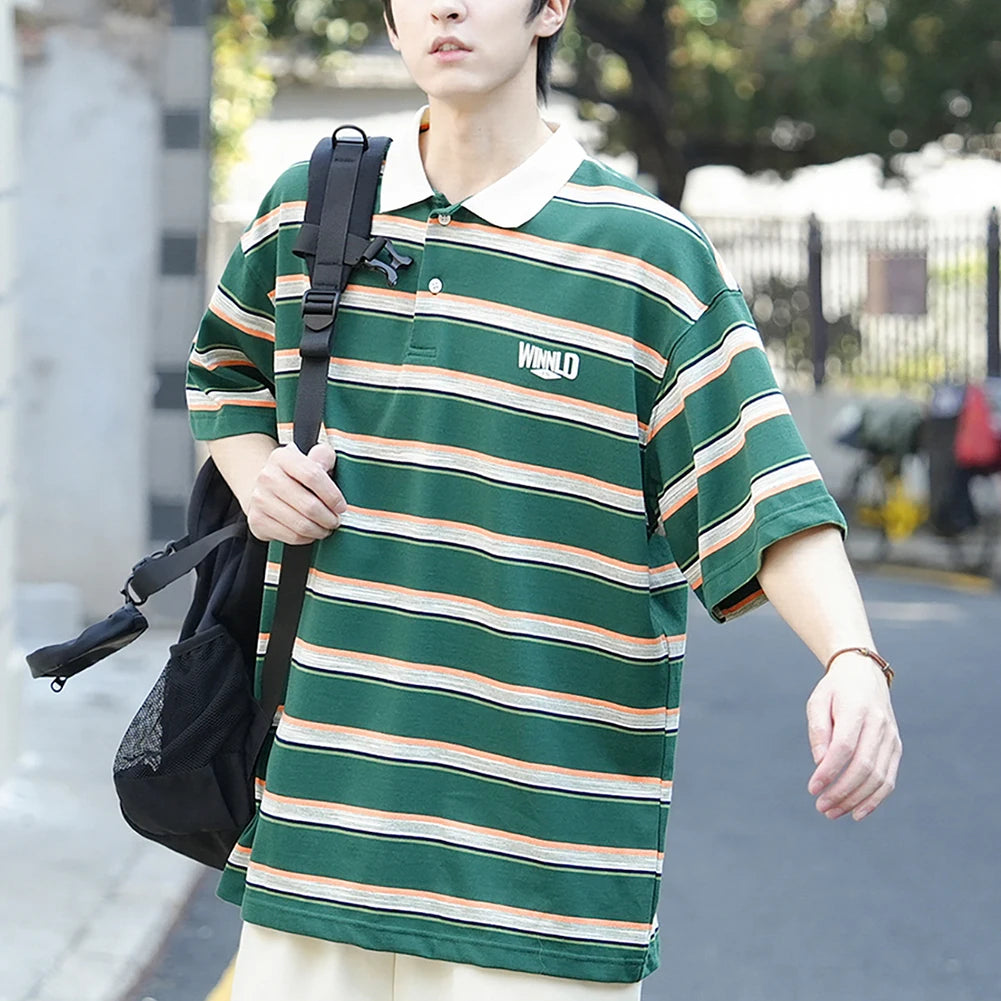 HEARUJOY  -  Casual Summer 2XL Mens Summer T-Shirts Casual Striped Short Sleeve Shirts Vintage Short Sleeve Tops Lapel Neckline
