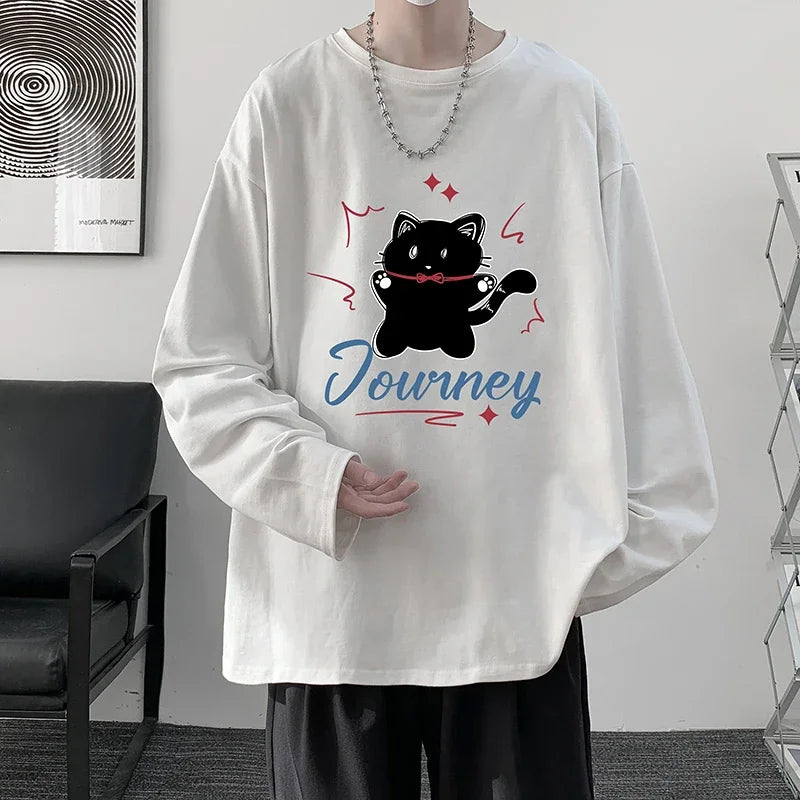 HEARUJOY  -  Men's Plain T-shirts Cotton Full Sleeves 5XL Fashion White Mens Oversized T Shirt Casual Wear Funny Cat Print Tee Shirts for Men