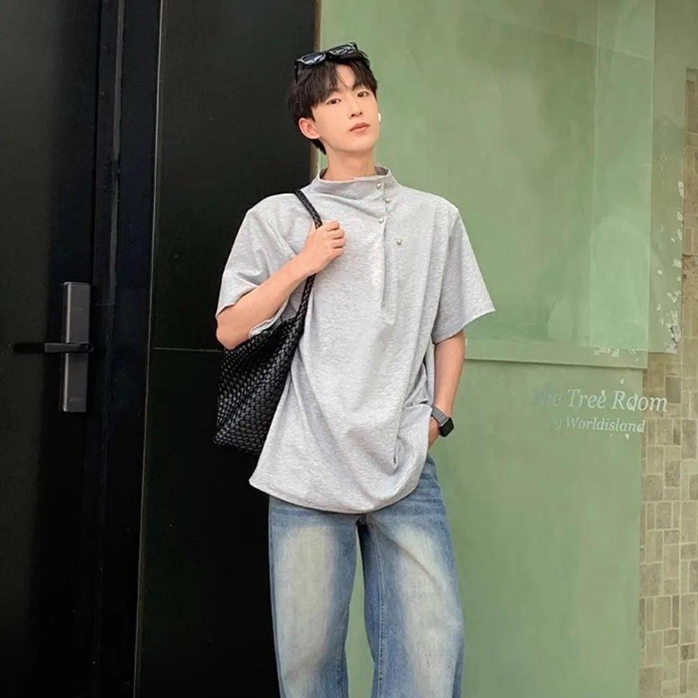 HEARUJOY  -  Men Korean Stand Collar Retro Casual Tee Tops Short Sleeve Street Wear Men's Loose T-Shirt Breathable