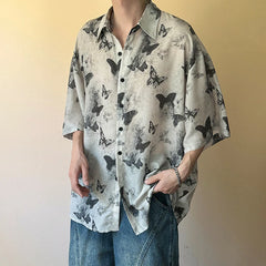 HEARUJOY  -  Nichre Design Men's Shirts Turn-down Collar Butterfly Printing Contrast Color Short Sleeved Single Breasted Stylish
