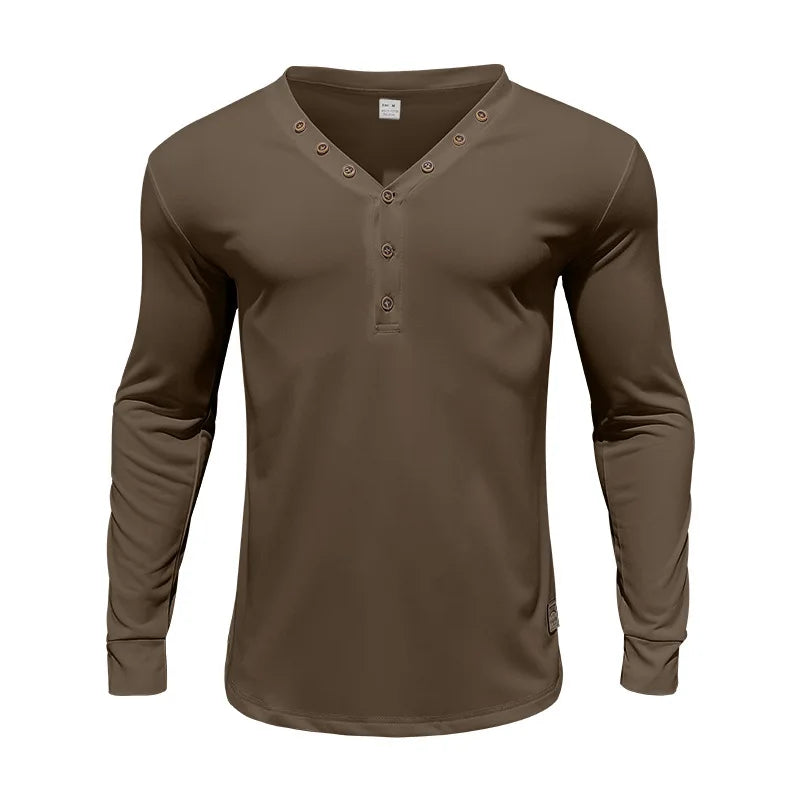 HEARUJOY  -  Men's Spring and Autumn Style American Solid Color Men's T-shirt Long Sleeve Casual Slim Button-down V-neck Blouse