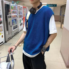 HEARUJOY  -  Men's Clothing Sleeveless Vest Blue Waistcoat Knit Sweater Male V Neck Red Thick Winter Sheap High Quality Replica Street Ugly A