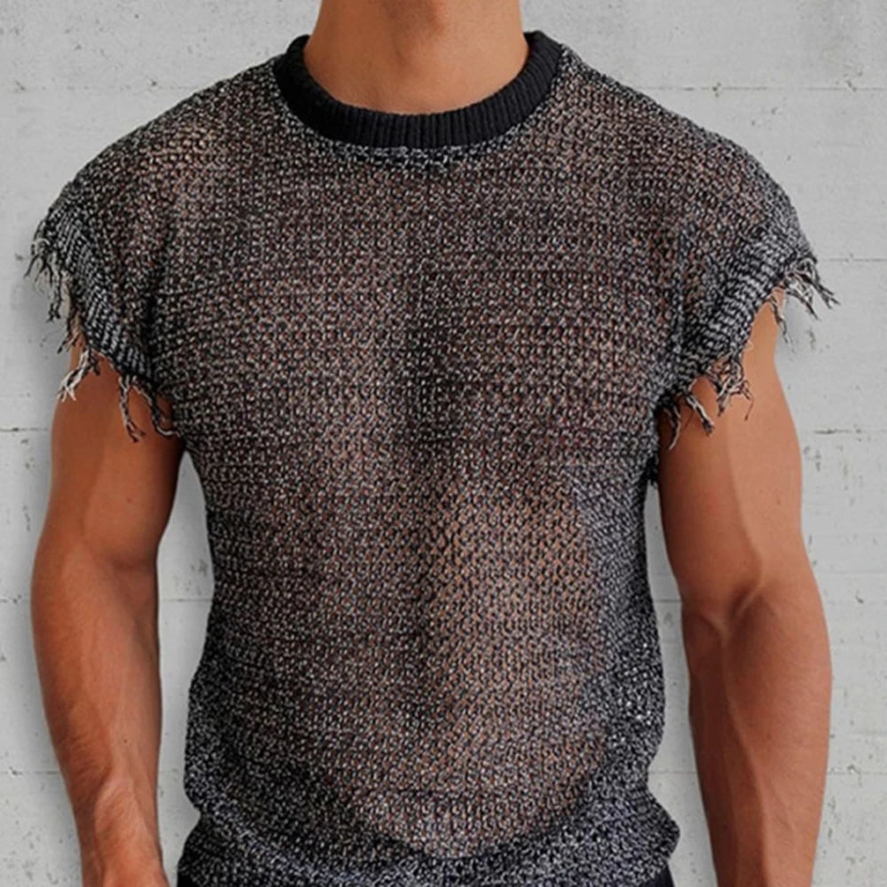 Hearujoy Men Summer Hollow Knit Vest Sleeveless O Neck Basic Pullover Tee for Man Casual Tassel Solid T Shirt 2024 Mesh See Through Top