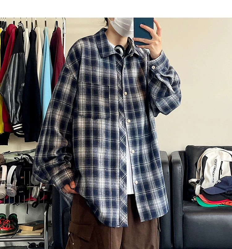 HEARUJOY  -  5XL Long Sleeved Shirt Men Oversized Retro Plaid Shirt Men Japanese Streetwear Loose Casual Shirt Mens Vintage Shirts Plus Size