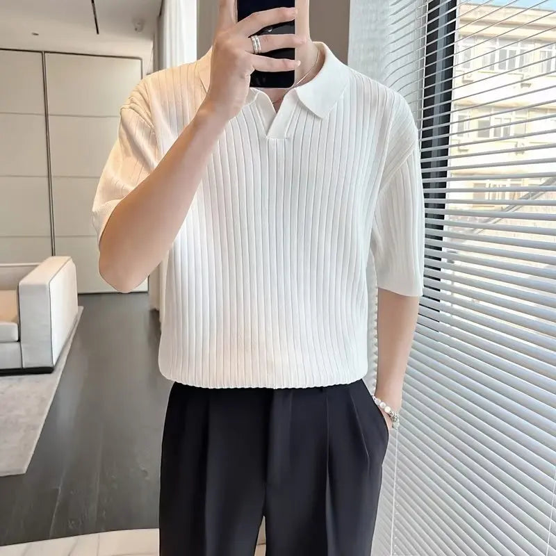 HEARUJOY  -  Men's Clothing Light Luxury Knitted Polo Shirt Casual Stripe V-Neck Solid Color Short Sleeve T-Shirt Breathable Fashion Knitwear