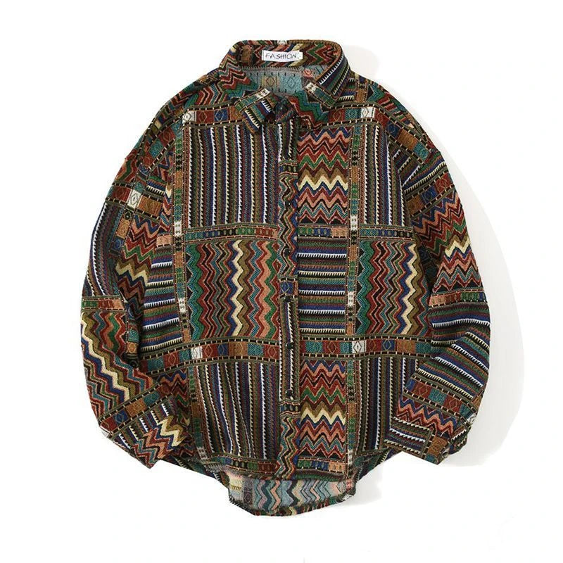 HEARUJOY  -  Cuban Colored Numb Ethnic Style Shirt Men Weaving and Embroidered Spring and Autumn Retro Hong Kong Style Shirt Jacket