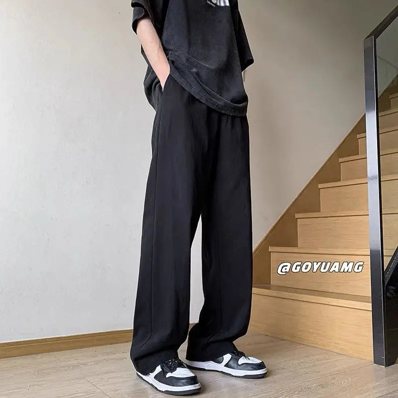 Hearujoy Japanese Style Pants Men's Summer Work Bottoms Loose and Thin Cotton Linen Straight Leg Trousers High Street Casual Cargo Pants