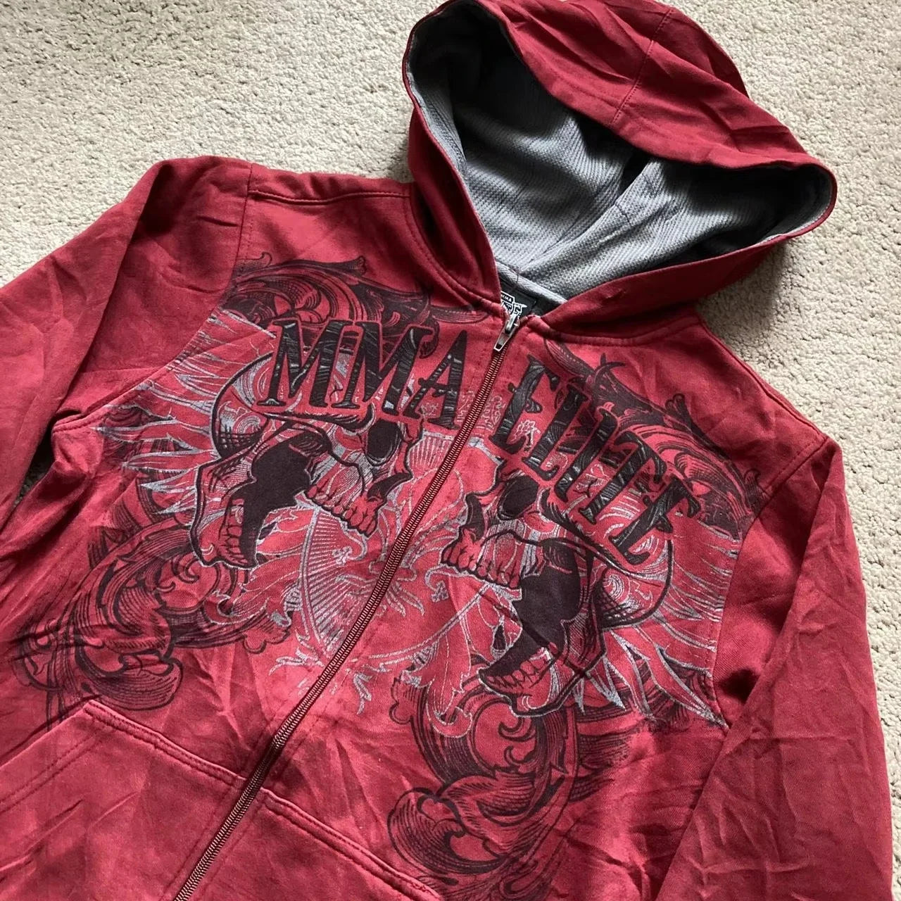 Hearujoy Y2K New Red Zipper Hoodie Retro Gothic Printed Pattern Hoodie High Street Hip-Hop Trend Sweatshirt Men's Women's Loose Hoodies