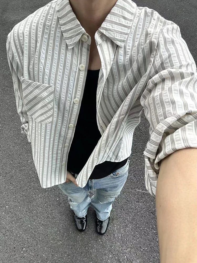 HEARUJOY  -  Spring Fall Casual Mens Striped Printed Shirt Long Sleeve Button-up Turn-down Collar Vintage Shirts Men Daily Leisure Cardigans
