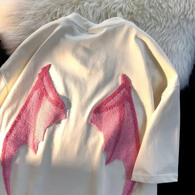 Hearujoy Gothic little devil pattern letter flocking embroidery short-sleeved T-shirt summer loose y2k street women's clothing
