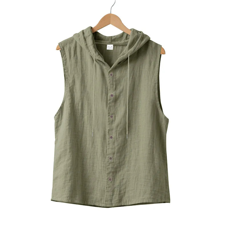HEARUJOY  -  Summer Men's Casual Sleeveless Hooded Shirt, Linen Hooded Solid Color, Breathable and Loose Top
