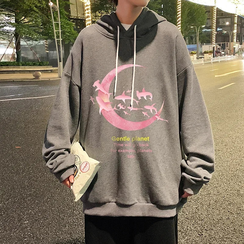 HEARUJOY  -  Funny Men's Oversized Hoodie Off White Hoodies with Hat Oversize for Men Moon Print 5XL Man Casual Wear Hoody Male Sweatshirt