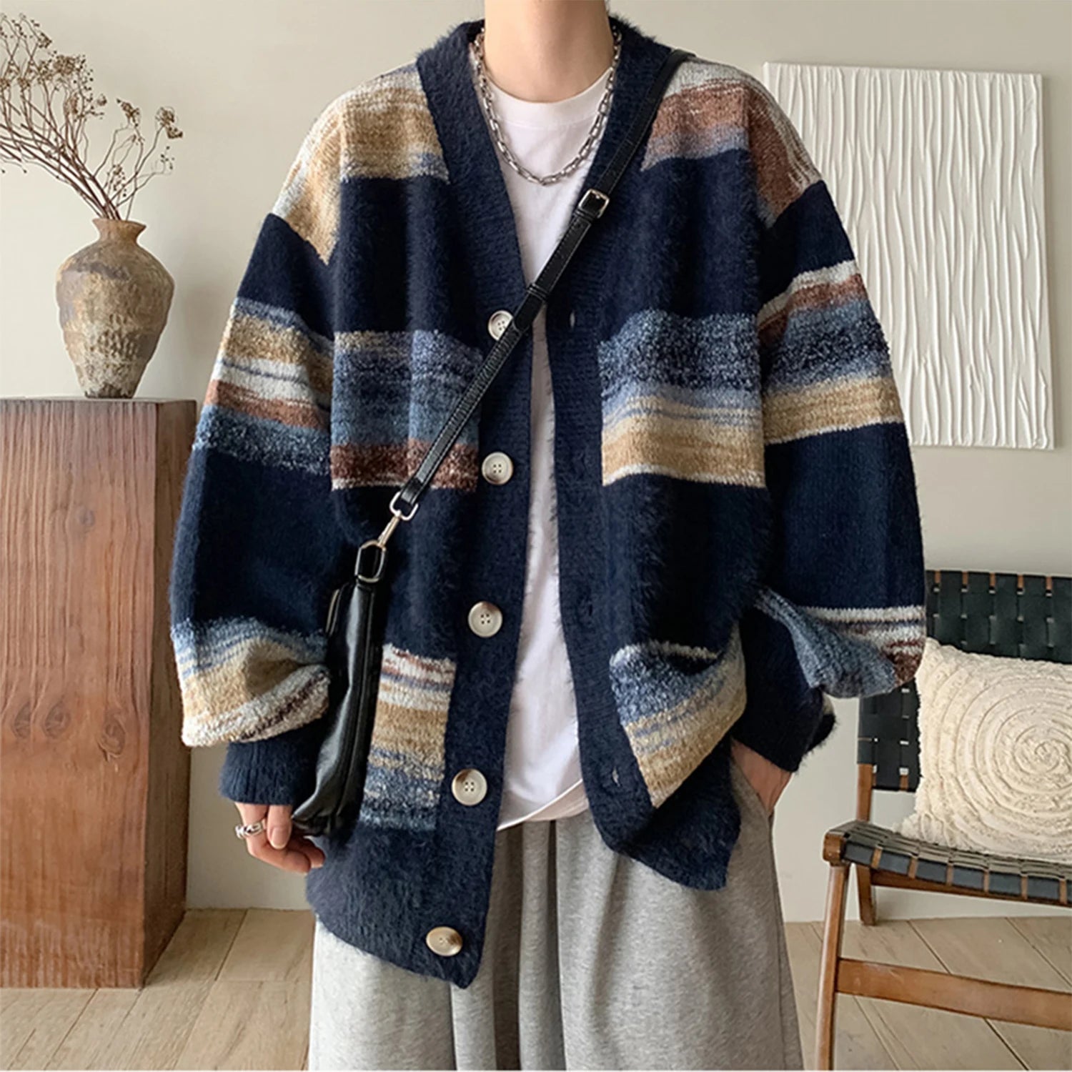 Hearujoy Men's Clothing Luxury Knit V Collar Patchwork Cardigan Sweater Coat Long Sleeve Korean Popular Leisure Oversized Knitwear M-3XL