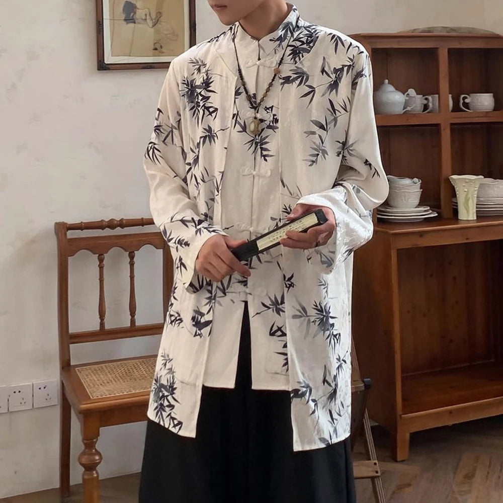 HEARUJOY  -  New Autumn And Winter Chinese Style Stand-Up Collar Button Bamboo Shirt Unisex Fashion Casual Loose Printed Long-Sleeved Shirt