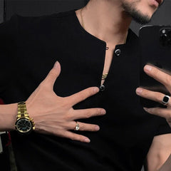 HEARUJOY  -  Men T-Shirt Slim Casual Henley V-Neck Tshirt Streetwear Fashion Youth Campus Breathable Short-Sleeve Top Men'S Clothing 2025 New