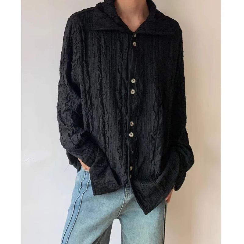 HEARUJOY  -  Men's French Style Vintage Pleated Textured High Collar Button Up Shirt Spring Autumn Y2K Harajuku Solid Long Sleeve Loose Tops