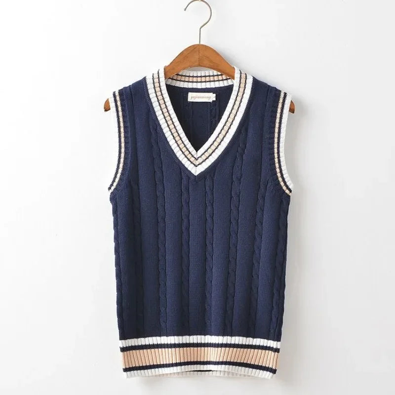 HEARUJOY  -  Striped White Knitted Sweaters for Men Blue Sleeveless Man Clothes V Neck Vest Red Waistcoat Jumpers Sweat-shirt Cigaret Cotton