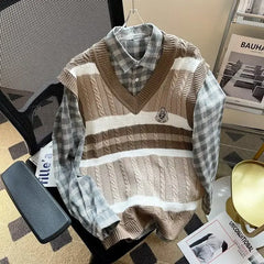 HEARUJOY  -  Men's Clothing Japanese Style Striped Embroidery Vintage All Match Sweater Vest Casual V Neck Sleeveless Loose Knitted Waistcoat