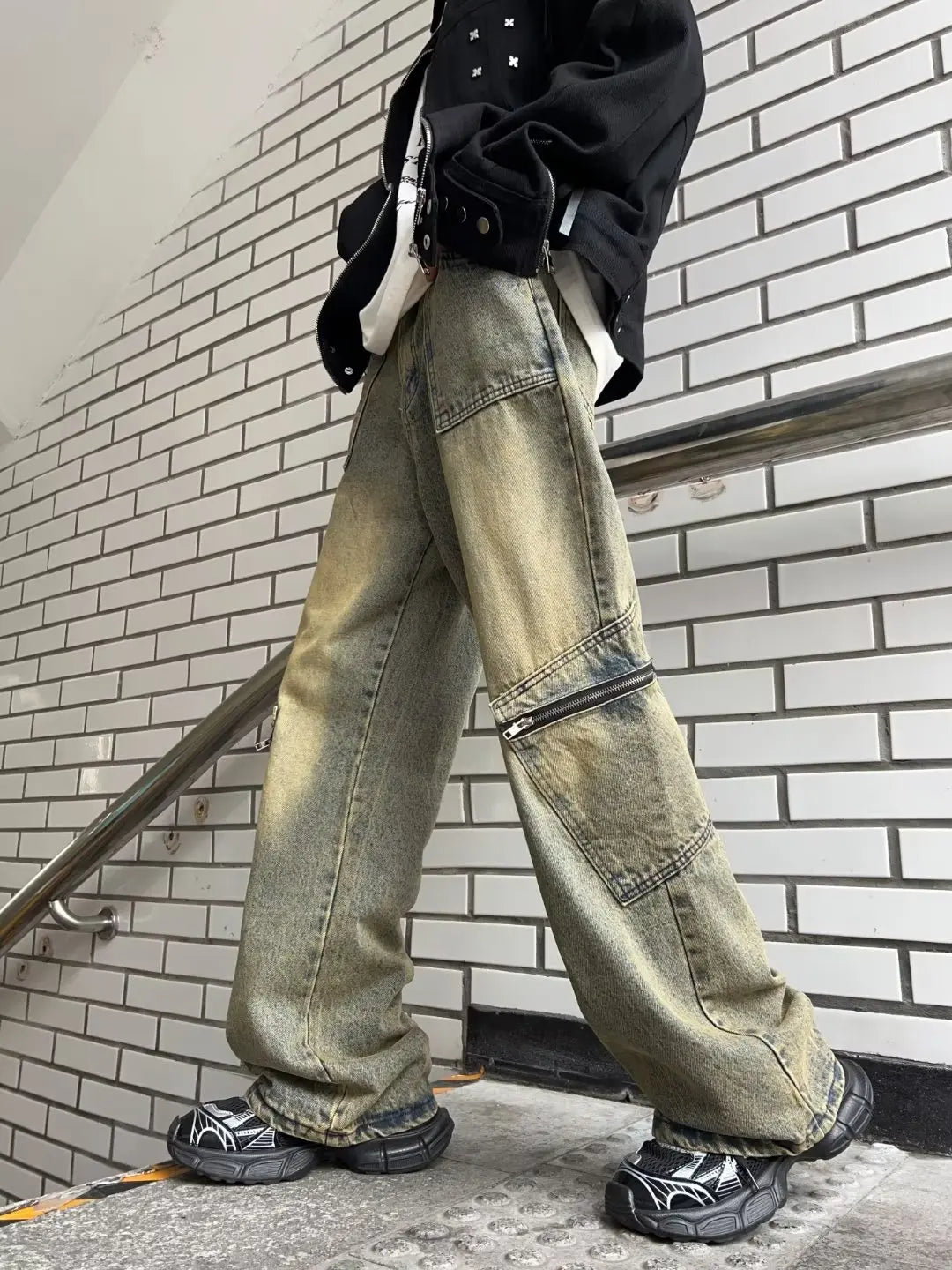 Hearujoy Streetwear Pocket Design Men Jeans Cargo Pants Loose Plus Size Neutral Wide Leg Pants Harajuku Casual Denim Pants Gothic Y2K