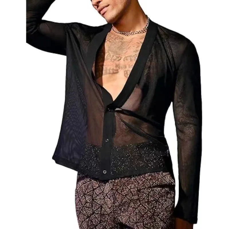 HEARUJOY  -  New Men's Fashion Transparent Mesh Shirt, V-neck Single-breasted Long-sleeved T-shirt, Cardigan Top