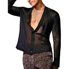 HEARUJOY  -  New Men's Fashion Transparent Mesh Shirt, V-neck Single-breasted Long-sleeved T-shirt, Cardigan Top