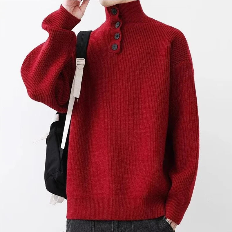 HEARUJOY  -  Fall Winter Daily Casual Men's Sweater Stylish Striped Crochet Knitted Pullover Men Fashion Turtleneck Buttoned Sweaters