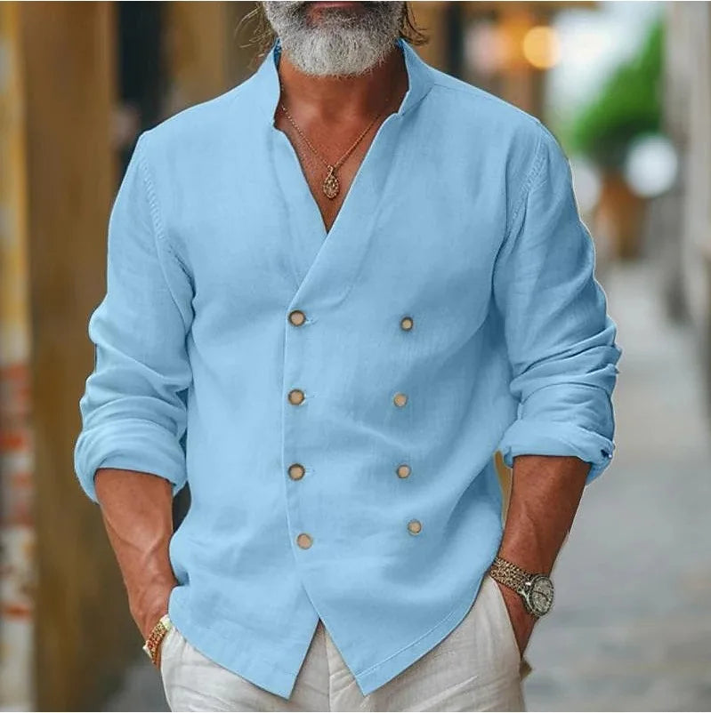 HEARUJOY  -  Vintage Cotton Linen Double Breasted Shirts Men Oversized Loose Long Sleeve Stand Collar Tops Spring Summer Home Casual Shirt