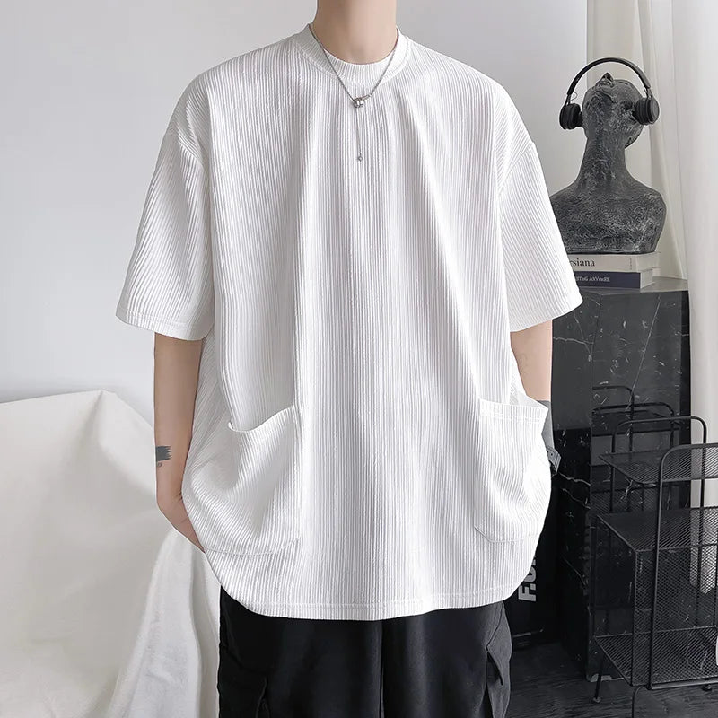 Hearujoy Summer Short Sleeved T-shirt Men Oversized Casual Pocket T Shirt Men Streetwear Hip-hop Loose Pleated T Shirt Mens Top M-3XL