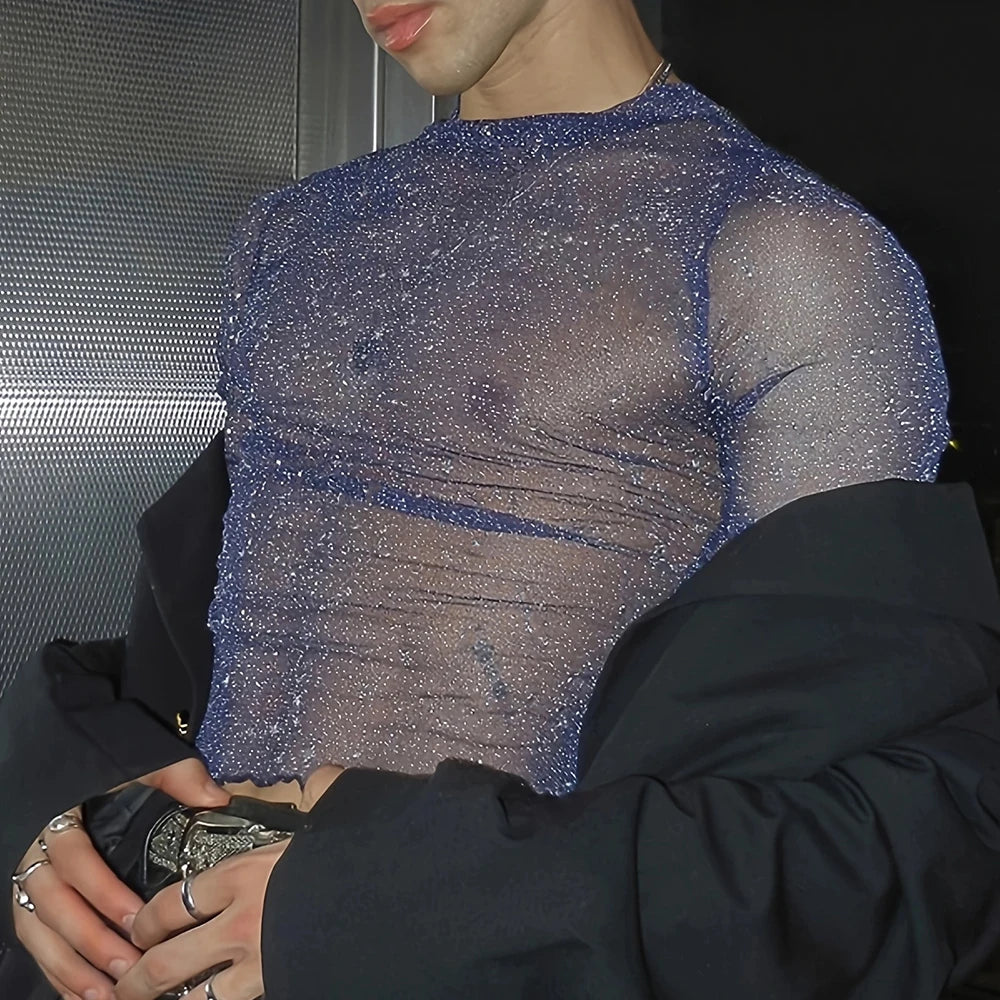 Hearujoy Mens See-Through Shiny Sexy Casual T-Shirt Autumn Genderless Fashion Tight Stretch Nightclub Thin Long-Sleeved Top Unisex