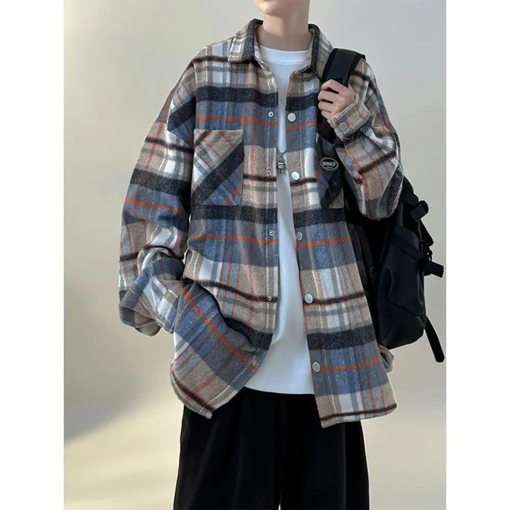 HEARUJOY  -  Trendy Blue Plaid Work Coat-like Brushed Shirt Jacket