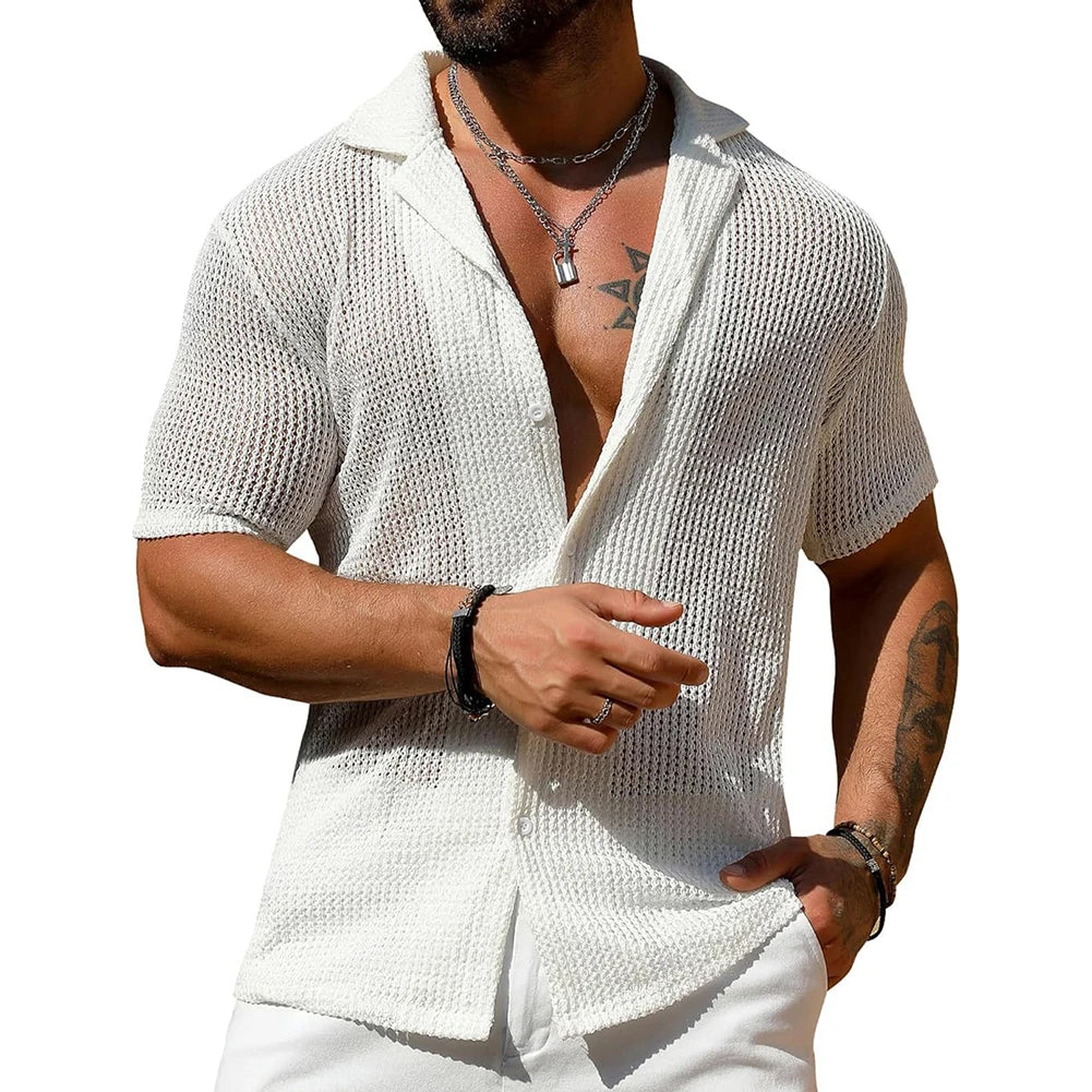 HEARUJOY  -  Top Men\'s Shirt Men's Shirt Fashion Streetwear Tops Hollow Out Knitted Men Sexy Beach Shirts Breathable Hot New