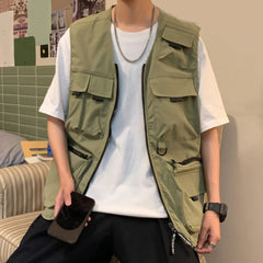 HEARUJOY  -  Beach Holiday Green Men Cargo Vest Multi-pocket Sleeveless Vest Loose Fit Waistcoat Good For Vacation Polyester Fabric