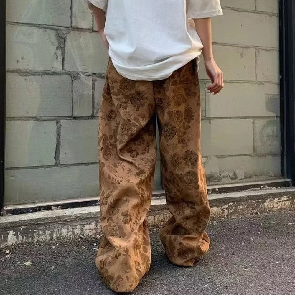 HEARUJOY  -  Men Loose Vintage Casual Jogging Pants Printing Korean Style High Street Trouser Wide Leg Streetwear