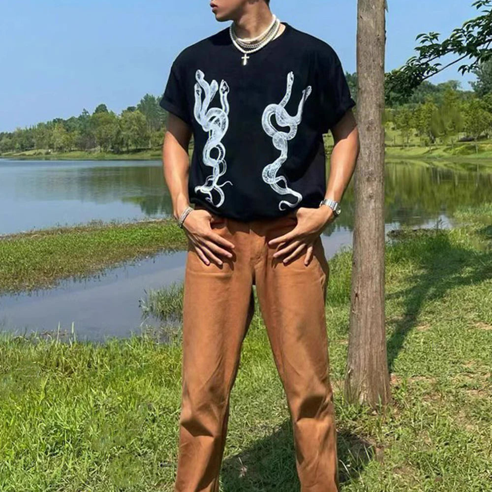 Hearujoy Men's Casual T-Shirt Fashionable Trendy Hip-Hop High Street Y2k Retro Snake Pattern Loose Cotton Top Spring And Summer