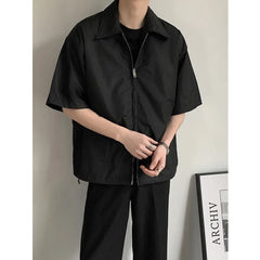 Hearujoy Summer Short Sleeved Shirt Men Fashion Oversized Zip Shirt Men Korean Loose Black White Dres Shirts Mens Ice Silk Shirt M-2XL