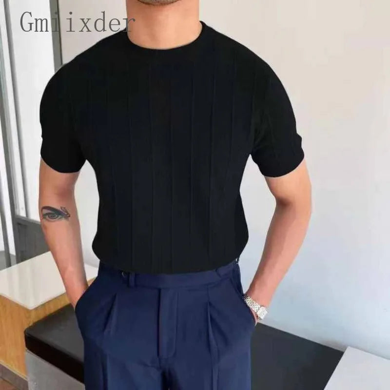 Hearujoy Light Mature Style Round Neck T-shirt Half-sleeved Knitted Men Short-sleeved Thin Korean Style Bottoming Shirt Fashion Trend Top