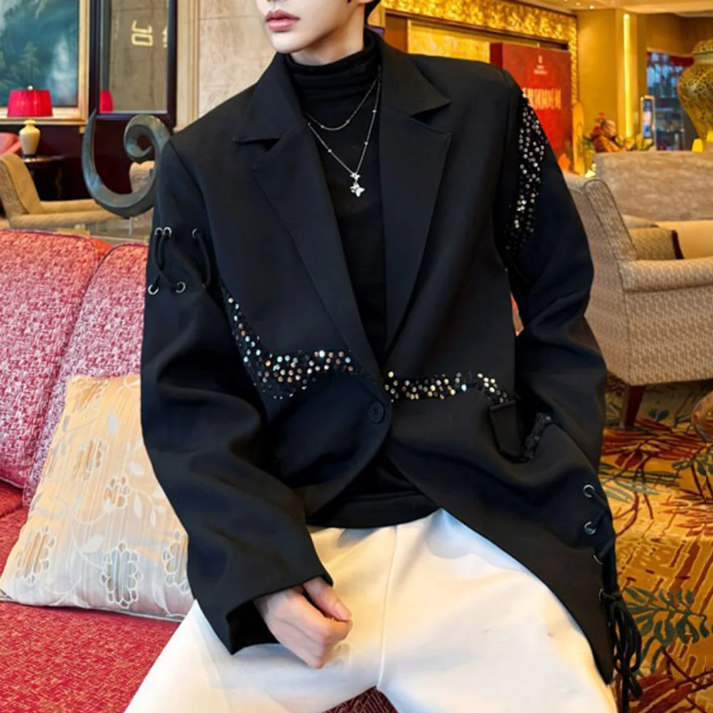 HEARUJOY  -  Mens Jacket Ballroom Sequin Flat Lapel Shirt Streetwear Fashion Nightclub Stage Performance Long Sleeve Top Men'S Clothing 2025