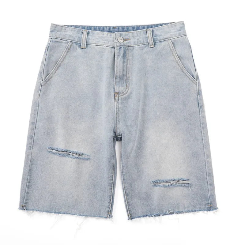 Hearujoy summer new men's light blue denim shorts simple solid color ripped pants loose casual pants S-2XL