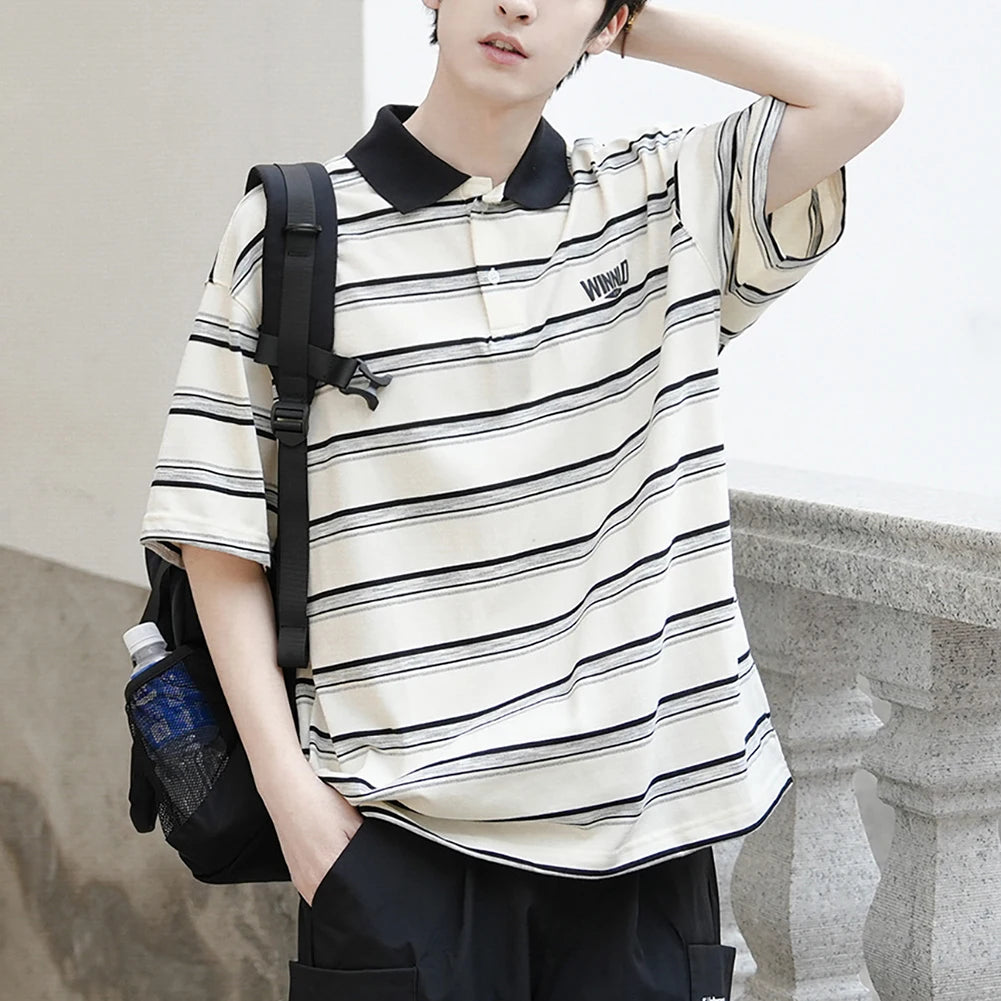 HEARUJOY  -  Casual Summer 2XL Mens Summer T-Shirts Casual Striped Short Sleeve Shirts Vintage Short Sleeve Tops Lapel Neckline