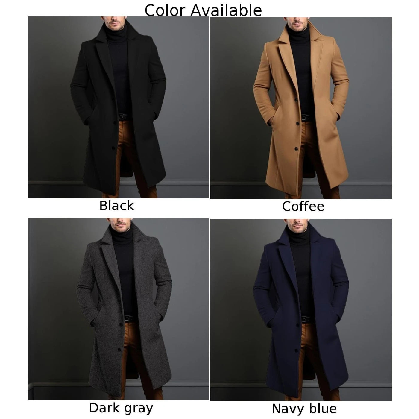 HEARUJOY  -  Long Black Trench Slim Jacket Mens Single Breasted Solid Vintage Full Sleeve Overcoats Tops Keep Warm