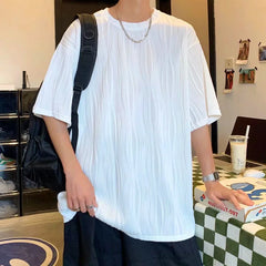 Hearujoy Pleated ice silk short-sleeved T-shirt men's summer Japanese solid color casual top loose half-sleeved large size T-shirt S-5XL