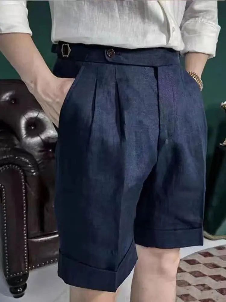 HEARUJOY  -  British Style Men Naples Linen Shorts Paris Waist Buckle Button Knee Length Pant Summer High Quality Casual Loose Short Trouser