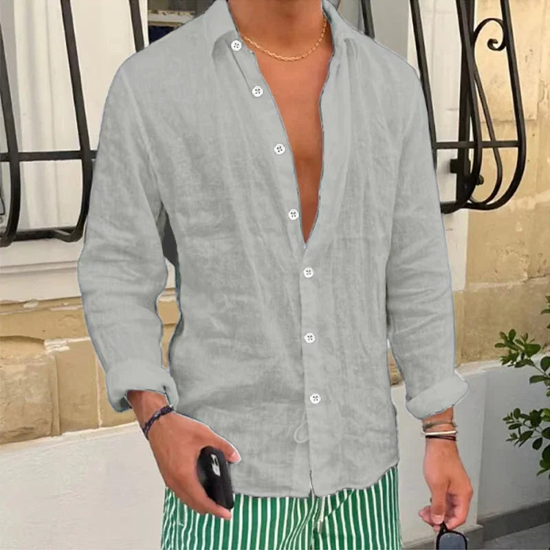 HEARUJOY  -  Men Seaside Beach Vintage Solid Cardigans Top Spring New Casual Linen Shirts Mens Long Sleeve Button-up Turn-down Collar Shirt