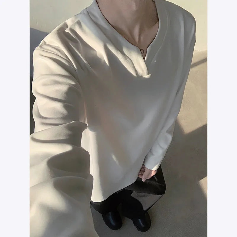 HEARUJOY  -  Spring Long Sleeved T-shirt Men Fashion V-neck Pullover T Shirt Men Streetwear Korean Loose Pullover T Shirt Mens Top M-3XL