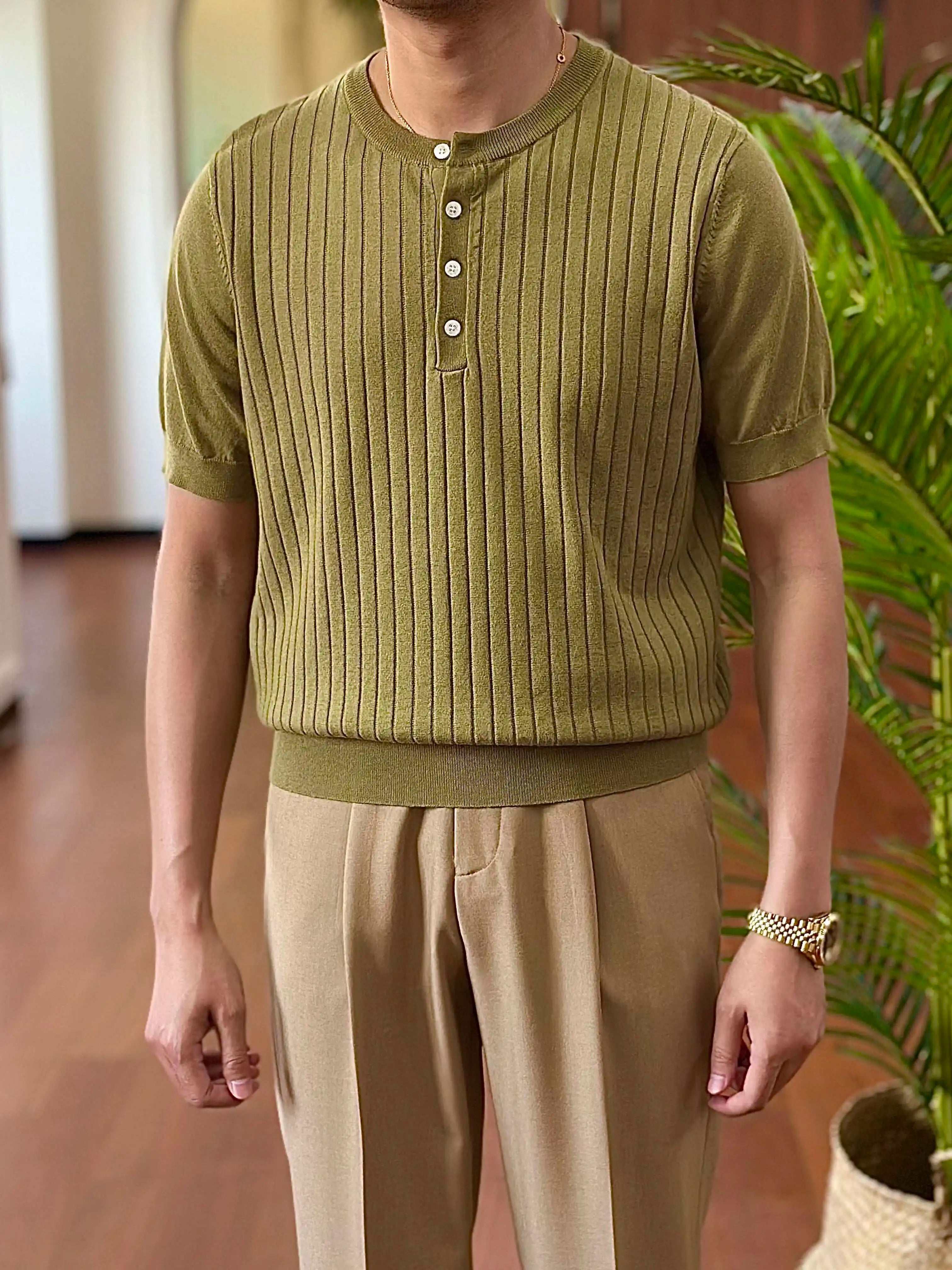 HEARUJOY  -  Cotton Blend Breathable Comfortable Trendy Knitted T Shirt Homme Top Quality T-Shirt Man Henry Neck Short Sleeved T-shirt Man